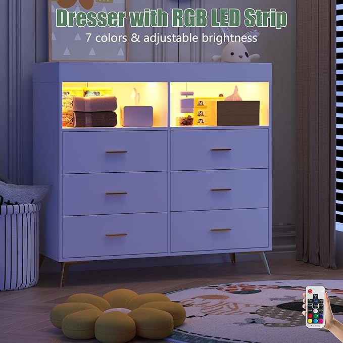 GarveeHome Dresser for Bedroom with 6 Drawers, Baby Changing Table Dresser with Changing Pad, LED Lights & Charging Station, Baby Changing Station with Changing Table Top (White)