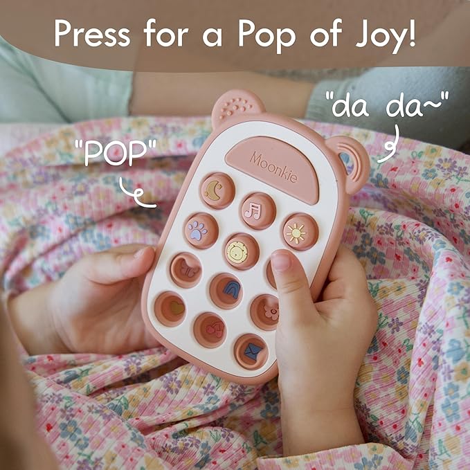 Moonkie Silicone Press Phone Teething Toy for Baby 3 Months+ | Soft BPA-Free Teether with Icon & Number Pop Bubbles | Ideal Gift for Baby Girls