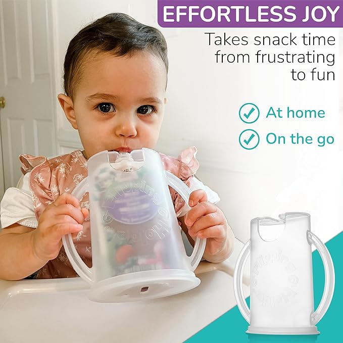 Flipping Holder with lid for Food Pouches & Juice Boxes - Multipurpose Design - Prevent Messes & Support Self-Feeding - Handles for Easy Grasping - Made in USA