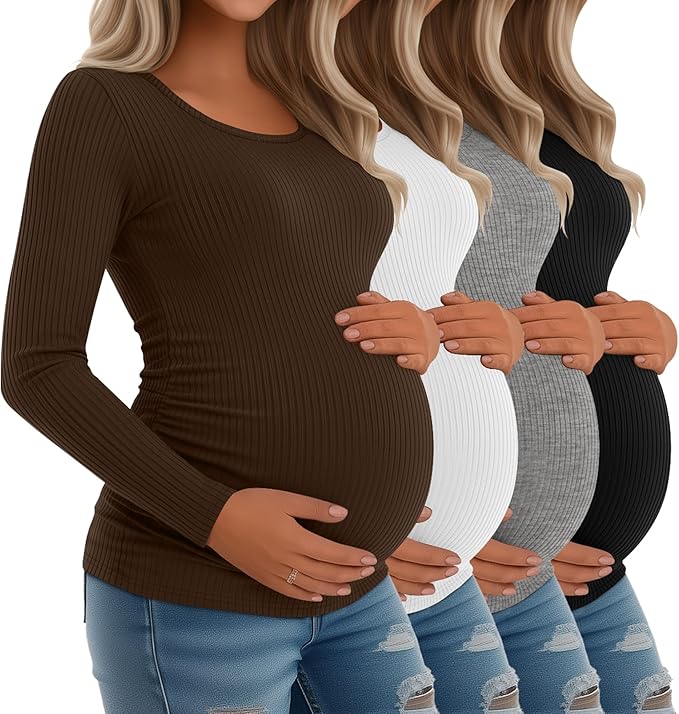 Riyiper 4 Pack Women's Maternity Shirts, Long Sleeve Cotton Ribbed Pregnancy Tee Top Crewneck Side Ruched Casual Mama Clothes