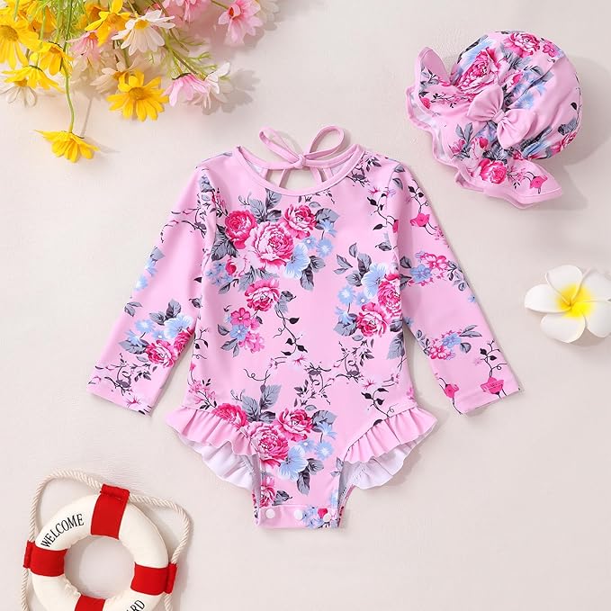 YOUNGER TREE Infant Baby Girls Swimsuit Long Sleeve Swimsuits One Piece Swimsuit Solid Color Bathing Suit with Hat, UPF 50+