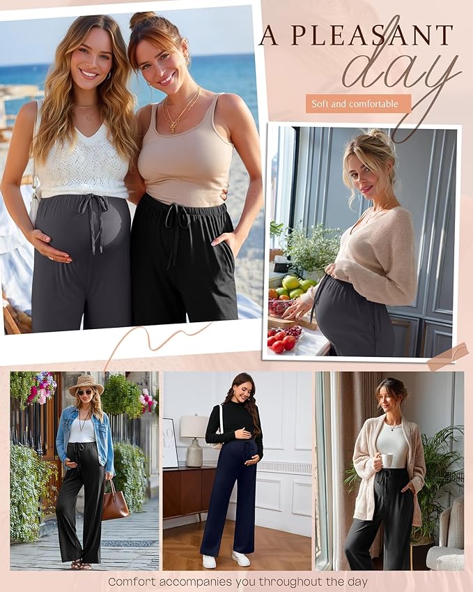 3 Pack Maternity Pants for Women Over The Belly Lounge Work Pregnancy Pants Drawing Wide Leg Trousers with Pockets