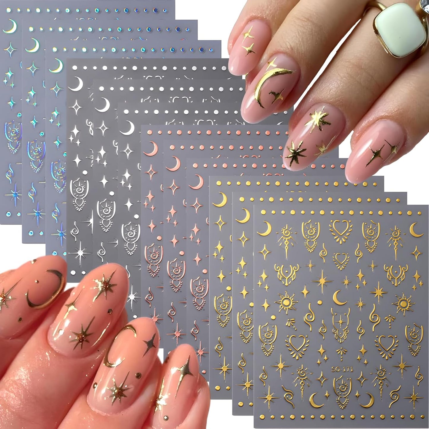 12 Sheets Star Nail Stickers for Nail Art Gold Moon Star Nail Art Stickers Decals 3D Self Adhesive Aurora Nail Decals Silver Star Nail Art Design Decoration Accessories for Women, Style 3