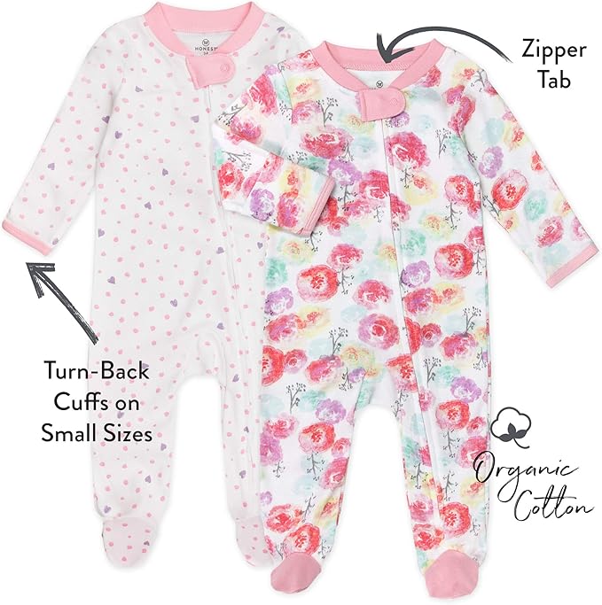HonestBaby Sleep and Play Footed Pajamas One-Piece Sleeper Jumpsuit Zip-Front PJs 100% Organic Cotton for Baby Girls
