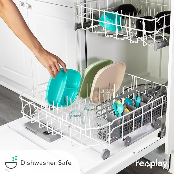 Re-Play Toddler Plates with Dividers - Deep-Walled 3 Compartments Divided Plates for Kids - Dishwasher & Microwave Safe - Made in USA - Set of 4-7.37" x 7.37" x 1.25" - Grey