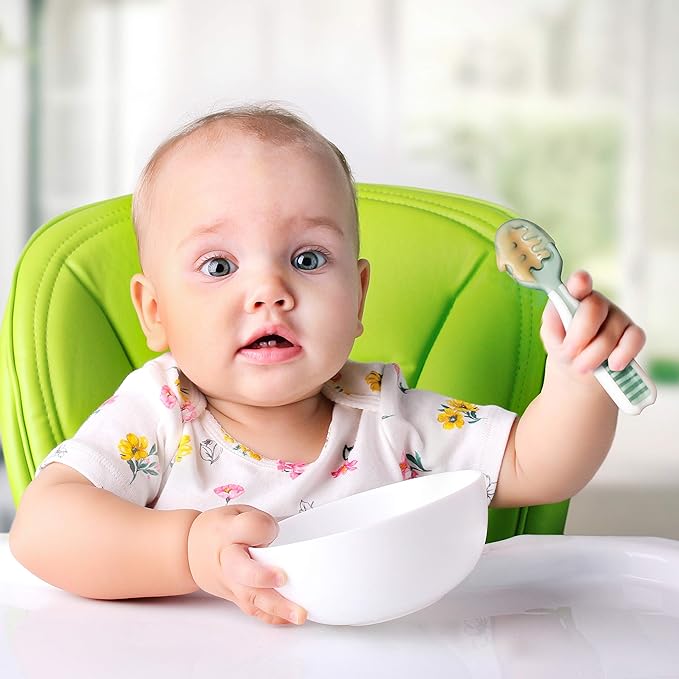 NumNum Baby Spoons Set, Baby Essentials Pre-Spoon GOOtensils for 6+ Months, First Stage Self-Feeding Spoons for Baby Led Weaning (BLW), Silicone Toddler Utensils, BPA-Free, 2 Pack Frosty Lilac/Rosebud