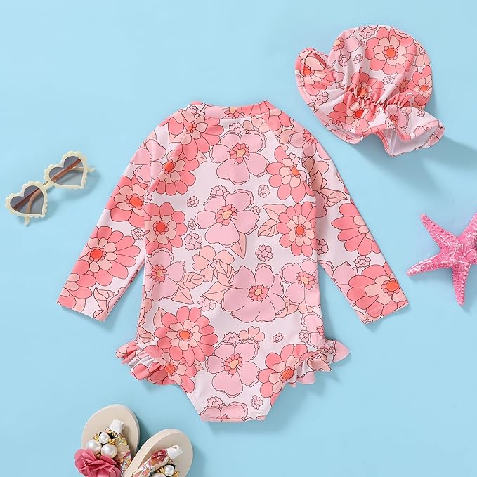 Infant Baby Girl Swimsuit One-Piece Long Sleeve Rash Guard with Hat Set Floral Zipper Bathing Suit Leopard Beach Wear