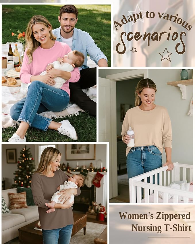 3 Pack Women's Nursing Breastfeeding Tops, Long Sleeve Maternity Shirts Oversize Hidden Zipper Pregnancy Clothes