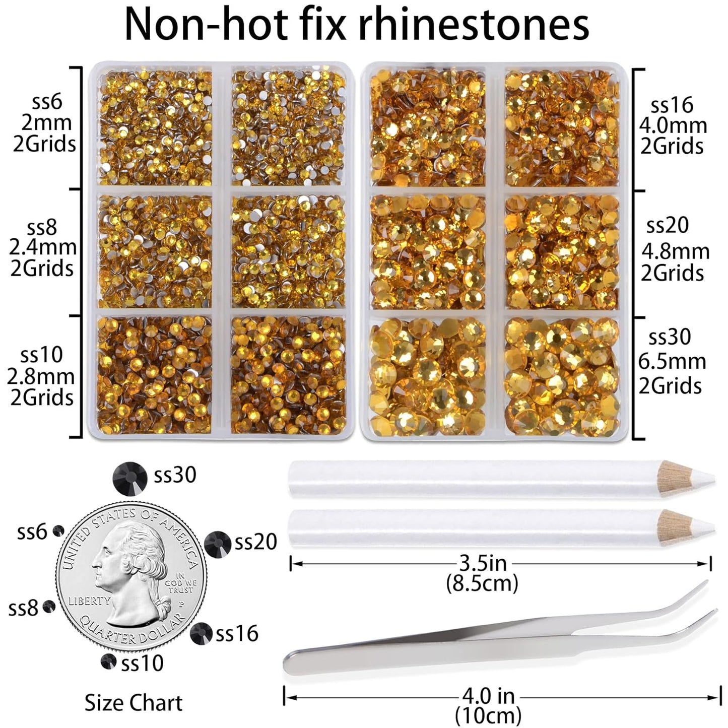 LPBeads 6000 Pieces Topaz Non Hotfix Rhinestones 6 Sizes Round Crystal Glass Flat Back Rhinestones with Tweezers and Picking Pen for Nail Art Crafts Clothes Bags DIY