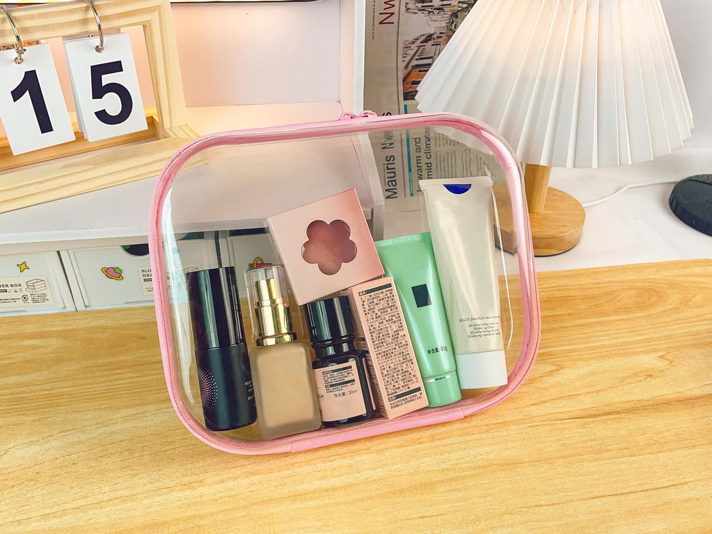 3PCS Clear Zipper Cases, Portable Clear Organizer Pouches for Travel, Double Zippered Hard Shell Plastic Case, Cosmetic Bag for Make Up Tools, Toiletries, Toy Storage (Pink, 2 Pack)