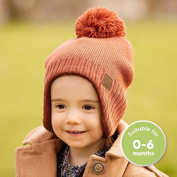 Baby Beanies, Baby Hats for Boys, Girls - Cute Toddler Winter Hat, Soft & Stretchy Beanies for Infant, Newborn 0-6 Months, Cozy & Warm with Earflap Muff & Pom (Clay, S)