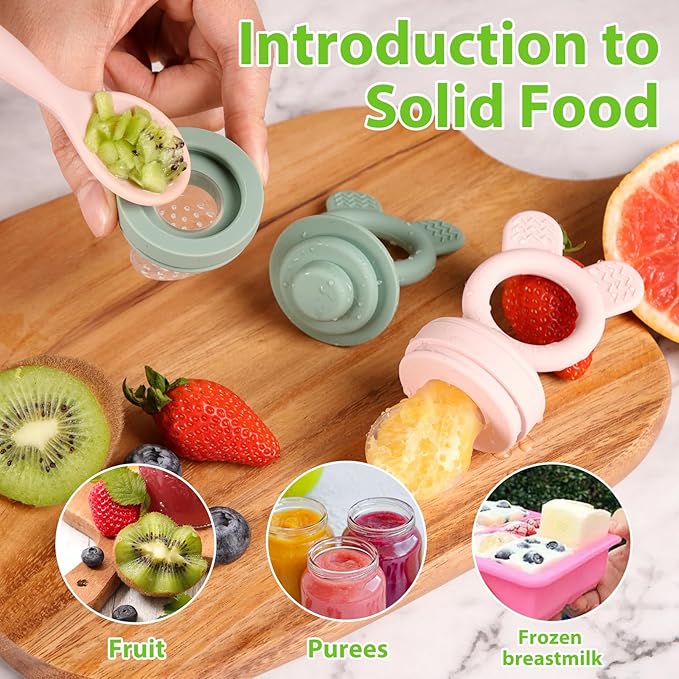Bessentials Bunny Baby Fresh Fruit Food Feeder - 2 Pack Silicone Mesh Feeders for Infant Safe Self Feeding |3 Sizes Food Pouches Included| Suitable for Baby 4m+ (Light Pink & Grass Green)