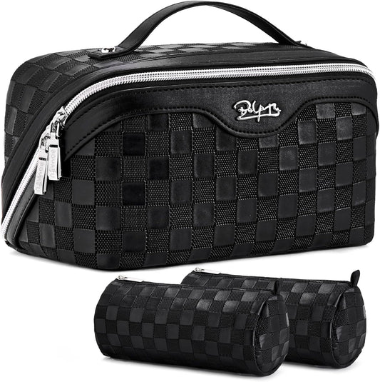 BOYATU Travel Makeup Bags for Women: Vegan Leather Cosmetic Bag Set of 3 - Large Capacity Make up Bag with Divider - Wide Open Waterproof Toiletry Organizer Bag with Handle (L13-Black)