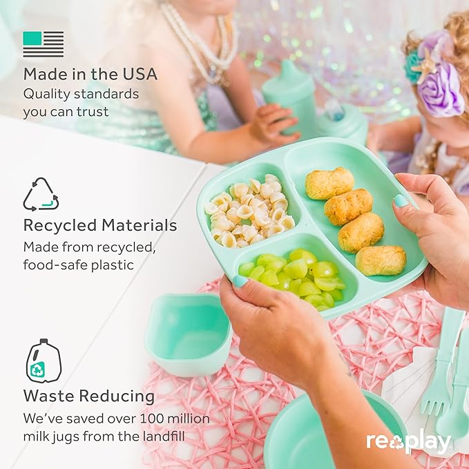 Re-Play Divided Toddler Plates with Deep Sides and Three Compartments for Easy Self Feeding | BPA Free | Dishwasher Safe | Modern Pink