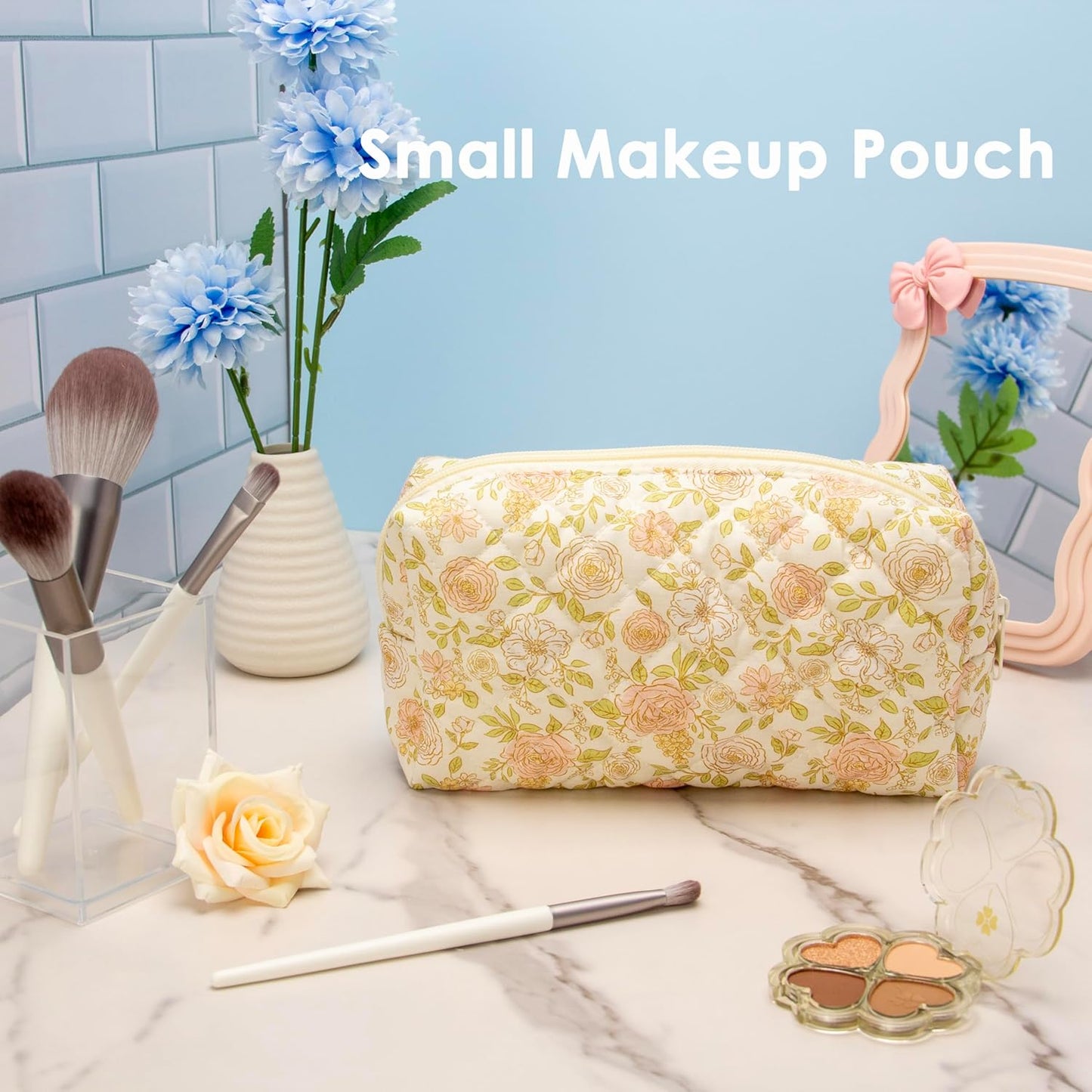 PAZIMIIK Vintage Quilted Makeup Bag Cosmetic Pouch for Brushes Pencils and Travel Make Up Accessories for Women and Girls Rose Beige