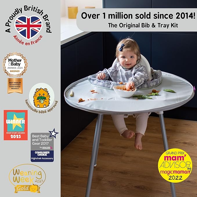 Tidy Tot- Baby Bib & Tray Kit - Mess Proof Long Sleeve Smock Attaches to Feeding Mat, Waterproof Bib - Fits Babies 6-24 Month