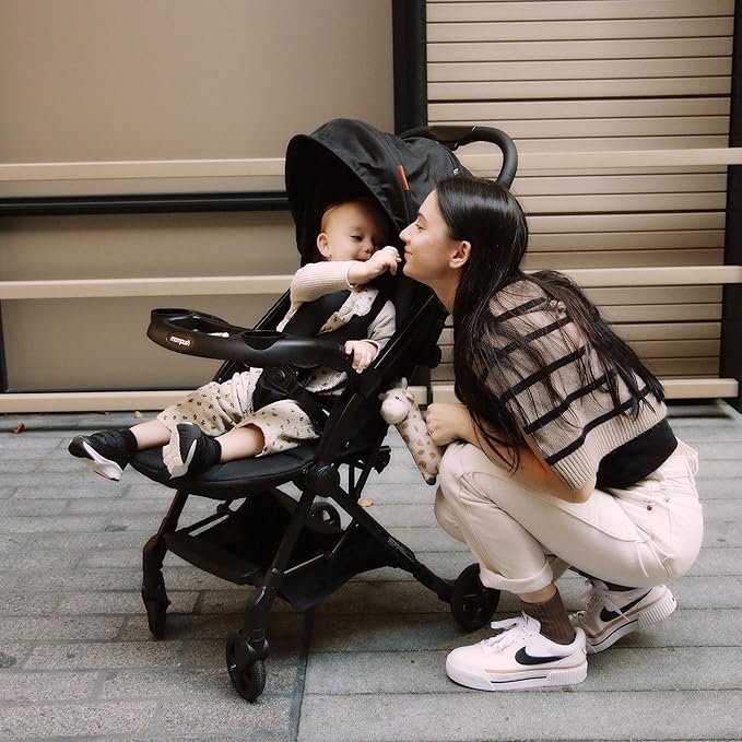Mompush Lithe V2 Lightweight Travel Stroller, Compact Foldable Baby Stroller with Travel Bag, One-Hand Fold Stroller, Snack Tray, Mechanical Recline Seat, Airplane-Ready, UPF 50+ Canopy & Rain Cover