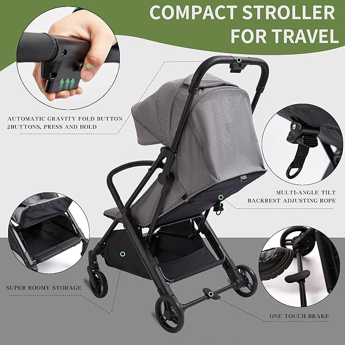 COOL KIDS Baby Stroller， Umbrella Stroller with Automatic Fold,Baby Strollers with Pop Out Sun Canopy,Baby Airplane Travel Essentials(Gray)