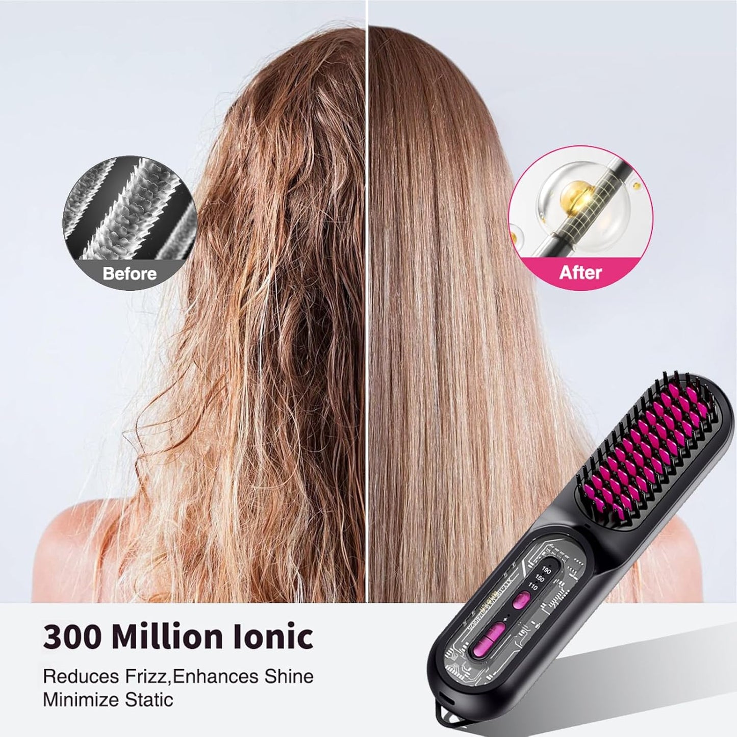 Cordless Hair Straightener Brush for Women - HFcoupe Electric Hot Comb Rechargeable Travel Portable Thermal Brush, Fast Heat Mini Straightening Tools with Ionic, Salon Smooth Styles Anywhere Black