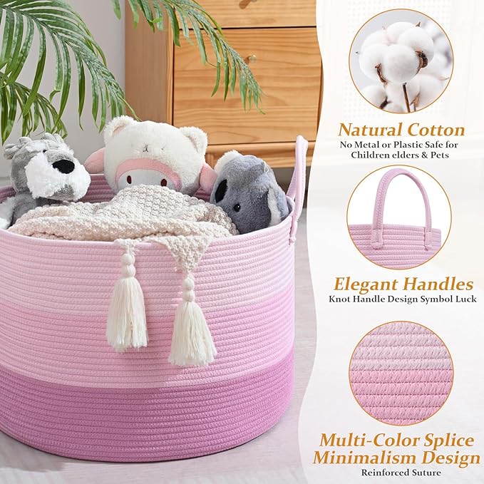 67L Rainbow Storage Basket for Organizing, 20"×13" Large Tall Laundry Baskets, Cotton Rope Woven Blanket Basket, Toy Storage for Kids, Collapsible Laundry Hamper for Living Room, Nursery Room