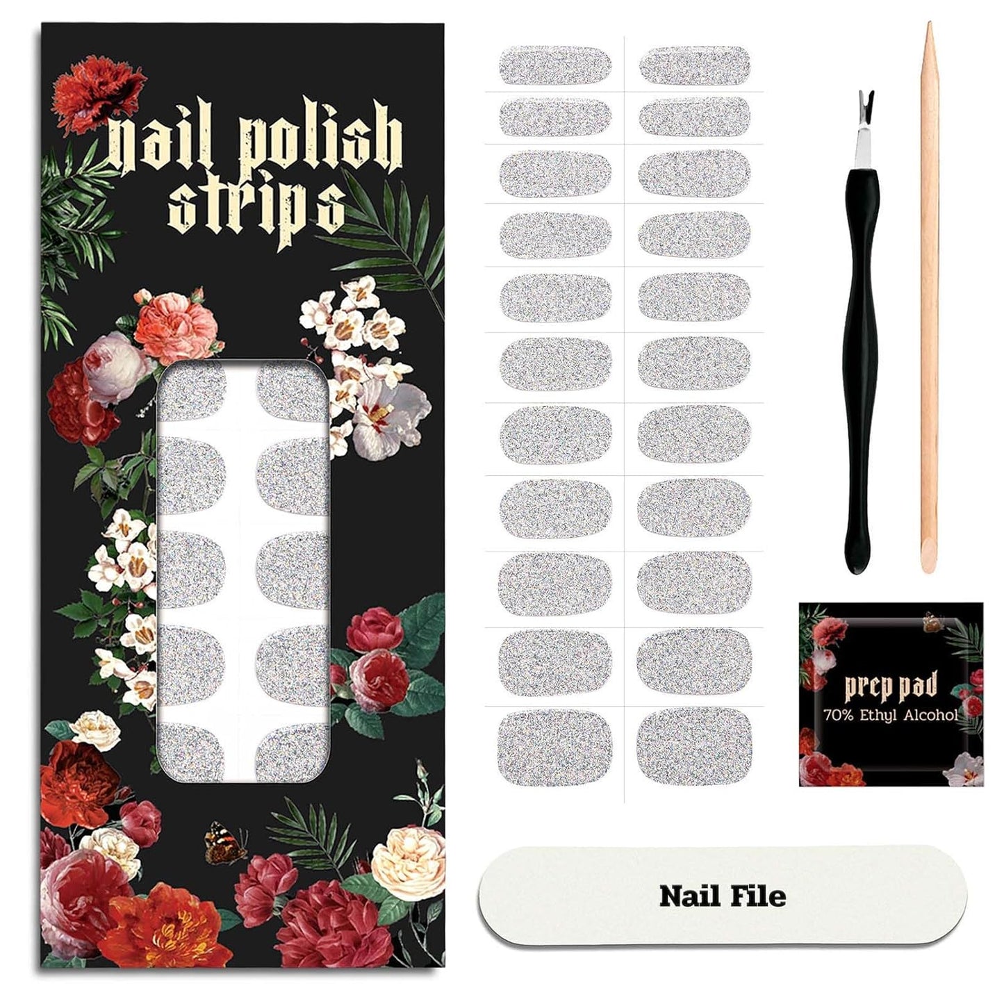 Nail Polish Strips - 22 Pcs Salon Quality Gel Nail Stickers - Long Lasting Wraps (Lightning Storm Silver Glitter)