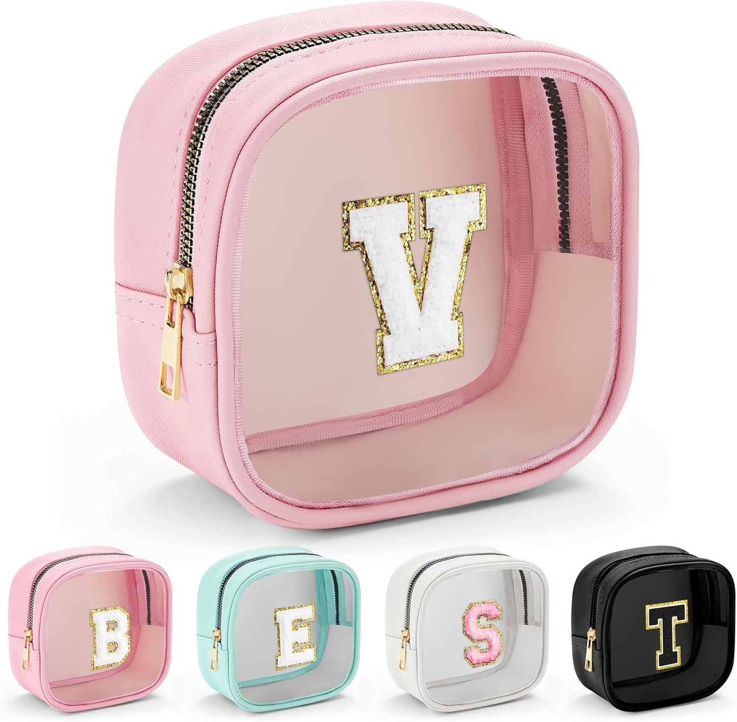 YOOLIFE Initial Make Up Bag Travel Toiletry Bag, Clear Makeup Bag Preppy Cosmetic Bags Organizer Travel Essentials Gifts for Women Teen Girlfriend Teacher Mom Birthday Mothers Day Gifts