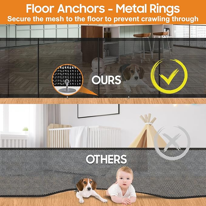 Retractable Baby Gates - 200" Extra Wide Retractable Dog Gate, 42" Extra Tall Mesh Gate Pet Gate with Support Rods, Long Child Safety Gate for Stairs Doorways Indoor Outdoor Large Openings - Black