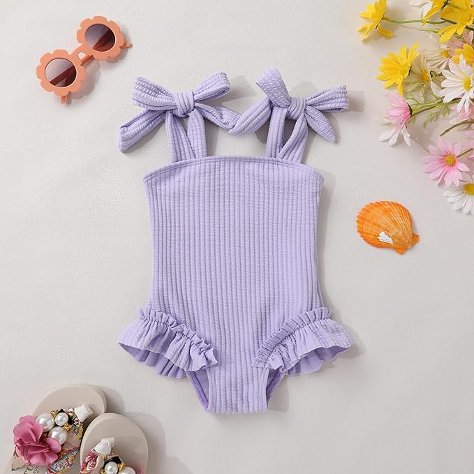 Happy Town Toddler Swimsuit Girl Solid Color Stripe One-Piece Baby Bathing Suits