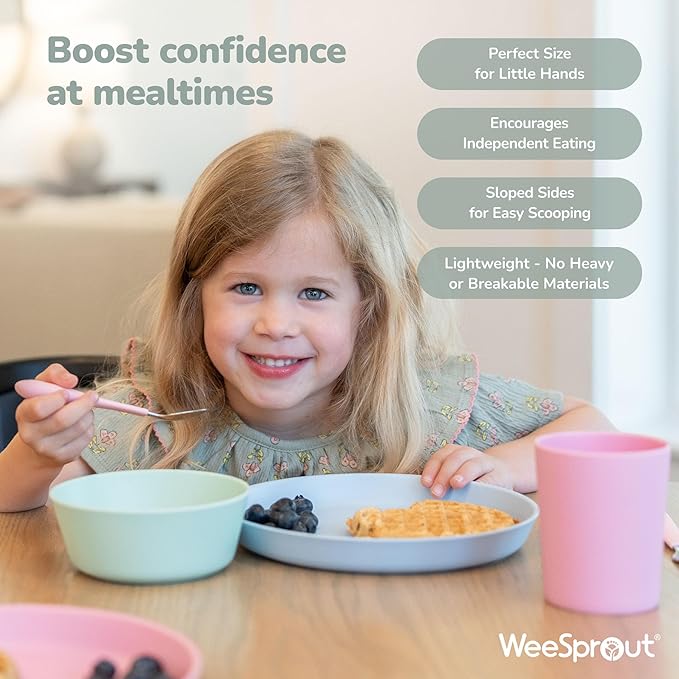 WeeSprout Bamboo Plates, Set of 4, Kid-Sized Dinnerware, Dishwasher Safe Melamine Dishware (Blue, Yellow, Orange, & Red, Without Lids)
