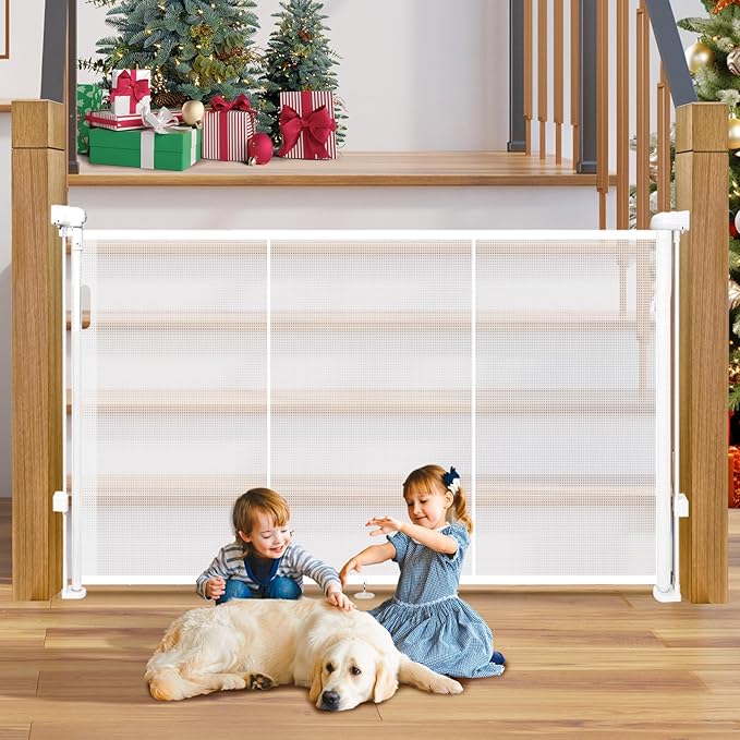 42" Extra Tall Retractable Baby Gates Dog Gate for Stairs, 55" Wide Mesh Baby Gate Pet Gate with Support Rods for The House, Child Safety Gates for Doorways, Hallways, Deck, Porch, Indoor, Outdoor