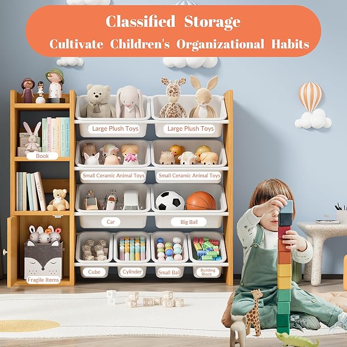 Toy Storage Organizer with 3 Shelves 1Lockers and 10 Bins, Toy Organizers Storage Bookshelf, Kids Bin Shelf Toys Box Bookcase for Bedroom Playroom Organization Room Decor - 100% Solid Wood
