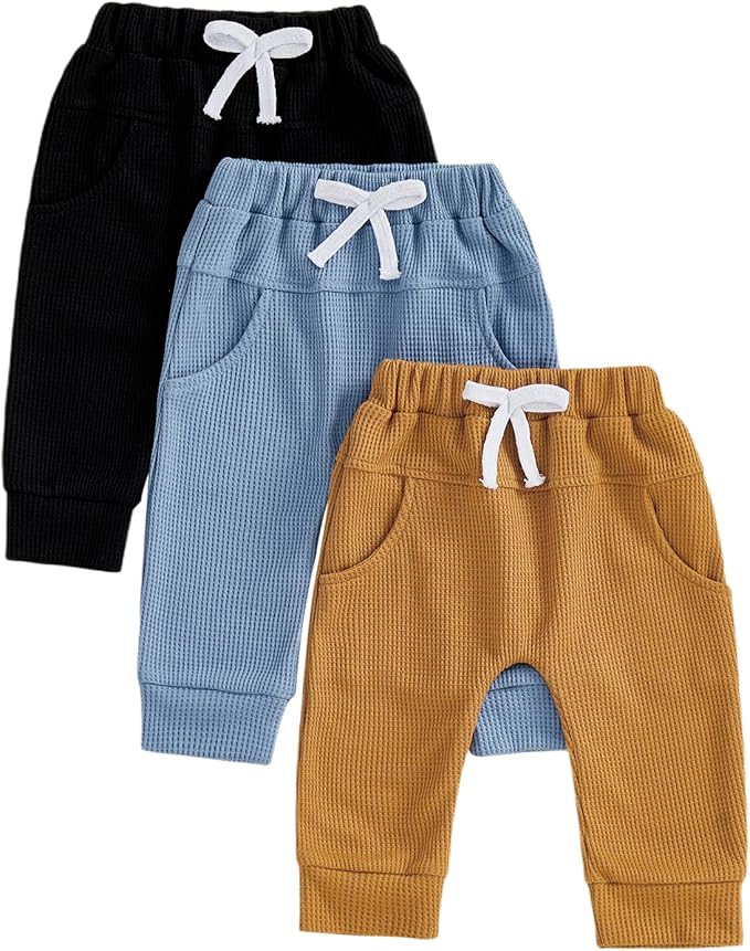 Sejardin Toddler Baby Boy Girl Pants 3 Pack Solid Color Elastic Waist Jogger Sweatpants Newborn Infant Casual Bottoms