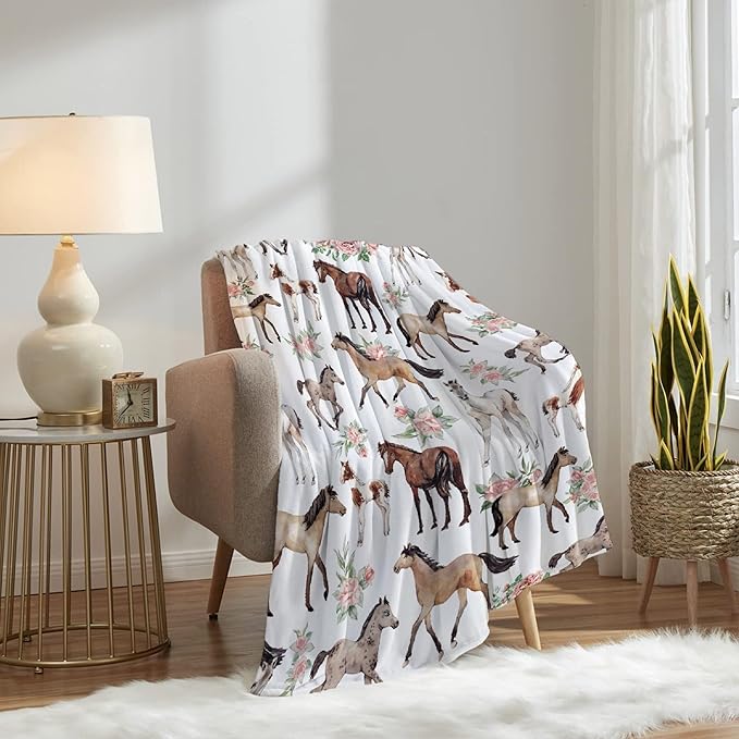 Horse Rose Blanket for Adults,Flowers Throw Blanket for Girls Boys Lightweight Cute Horses Soft Cozy Flannel Blanket for Kids 90 * 120 Inches