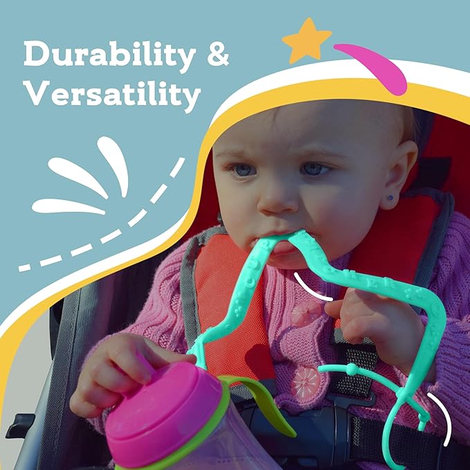 Brilli Baby Cup Catcher Patented Safety Tether Strap, Attach Sippy Cups, Bottles, Pacifiers & More to Stroller, High Chair, Car Seat, Made in USA, Food Grade, Dishwasher Safe (Aqua & Navy)