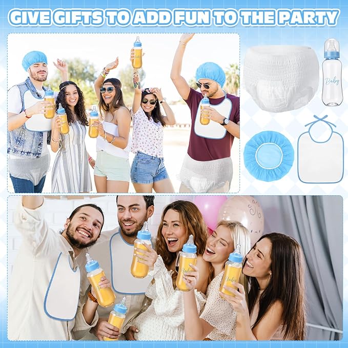 6 Sets Bottle Chug Baby Shower Games Juegos Para Plastic Baby Bottles Bibs Hat Disposable Diapers Gender Reveal Games Baby Changing Diaper Race Game Decoration (Blue)