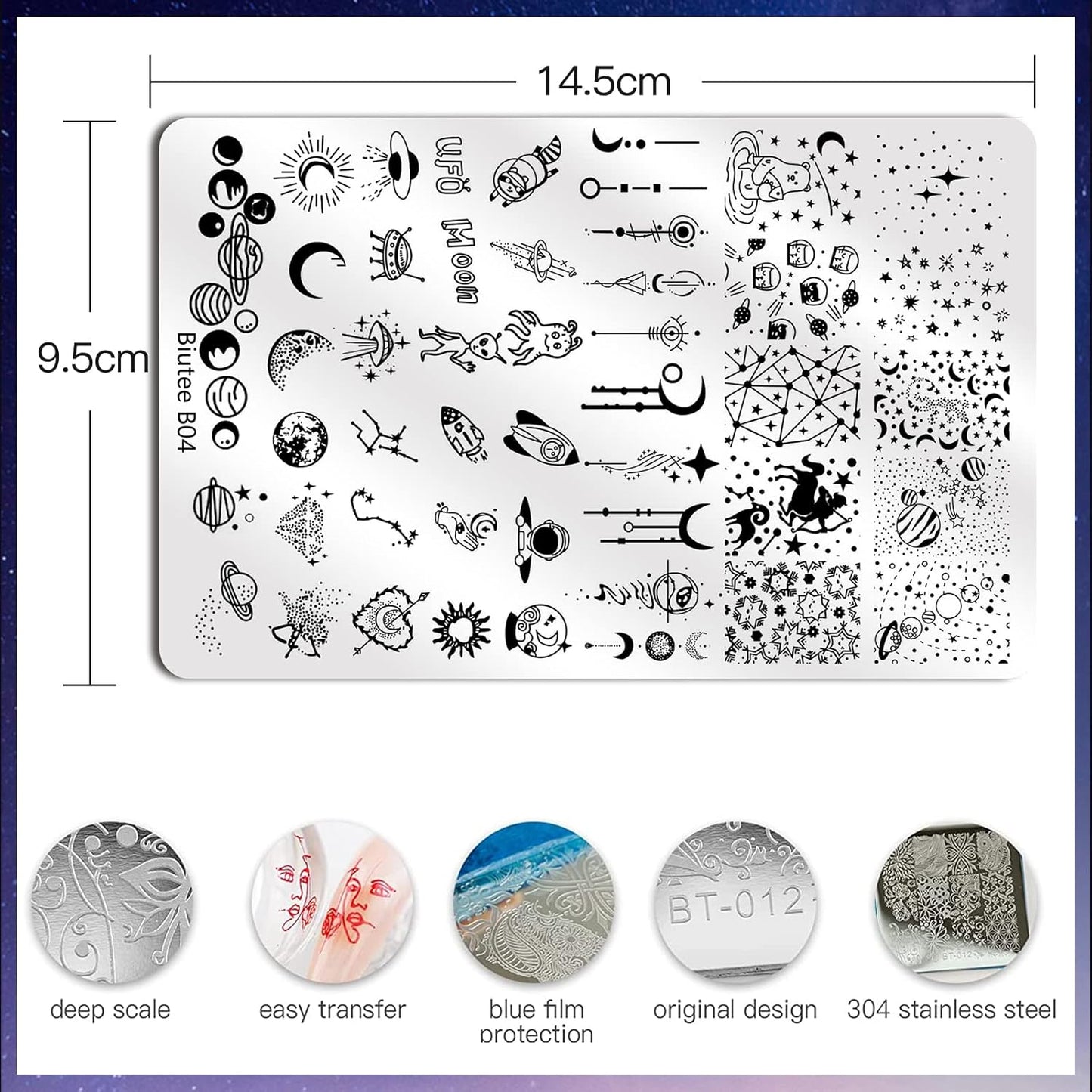 Biutee Nail Art Stamping Plate Nail Stamper Kit with Stamper & Scraper, Large Nail Stamp Plate French Line Lace Flower Leaves Animal Star Space Design DIY Nail Stamping Kit