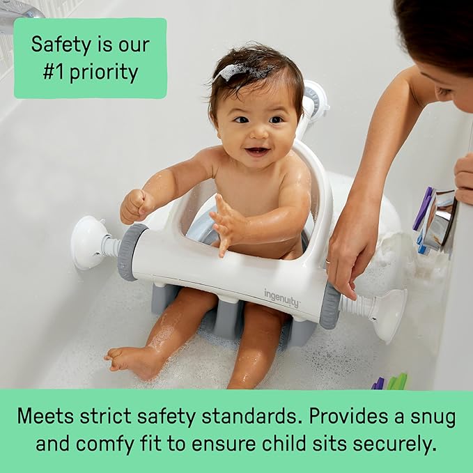 Ingenuity My Bath Seat for Sit-Up Baby Bathing, Sure & Secure Suction Cups, ASTM Safety Tested & Approved, Backrest for Assisted Sitting, Easy Setup & Storage, Gray