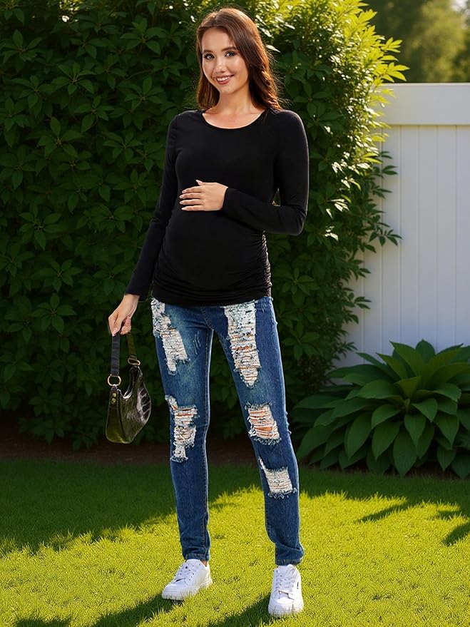 Maternity Shirts Long Sleeve Pregnancy Top for Women with Crew Neck Casual Tee Shirts