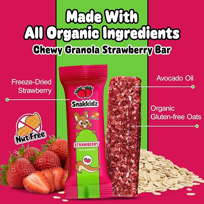 Snakkidz Organic Chewy Granola Bar, Allergen Free, Made with Avocado Oil, Low Sugar (45 Bars, Strawberry)