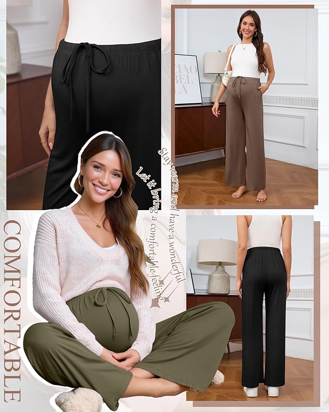 3 Pack Maternity Pants for Women Over The Belly Lounge Work Pregnancy Pants Drawing Wide Leg Trousers with Pockets