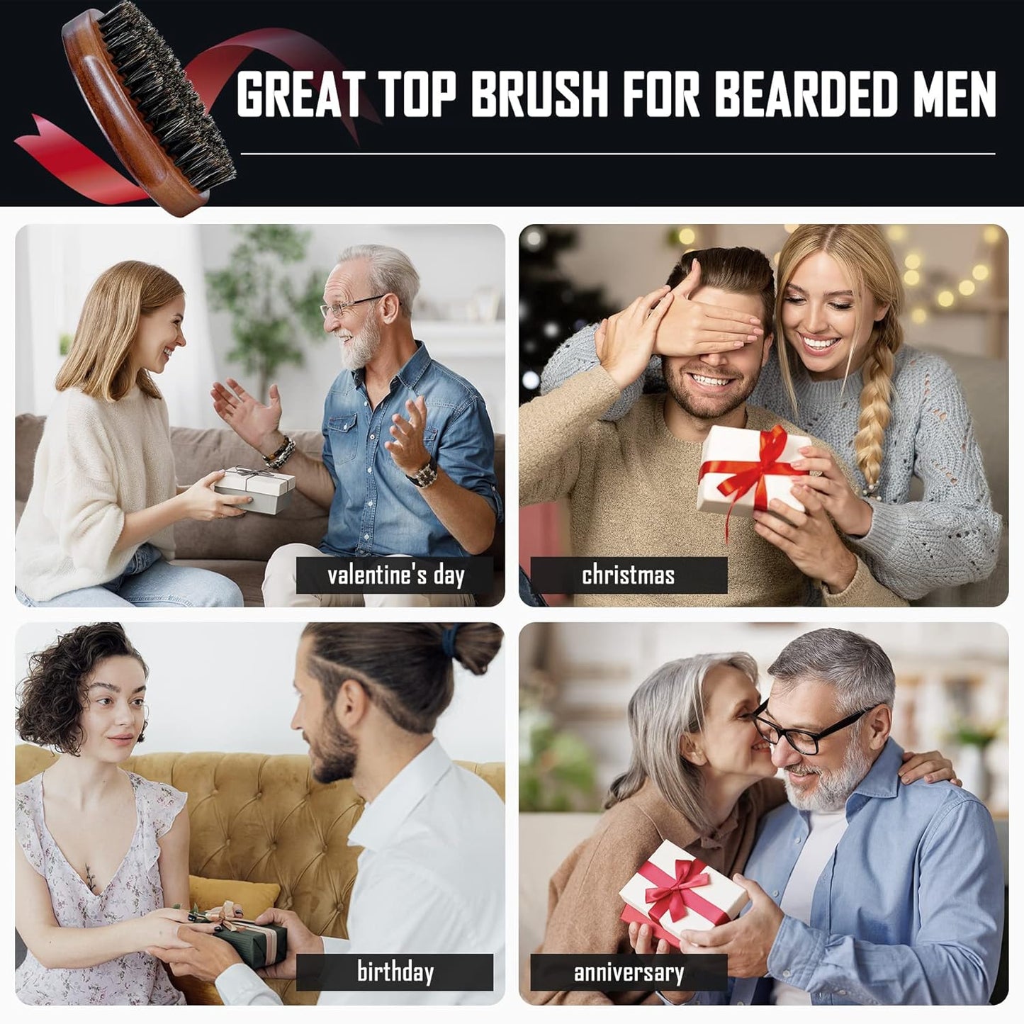 BFWood Boar Bristle Beard Brush - Black Wood Walnut Military Style, Men's Wooden Mustache Brush