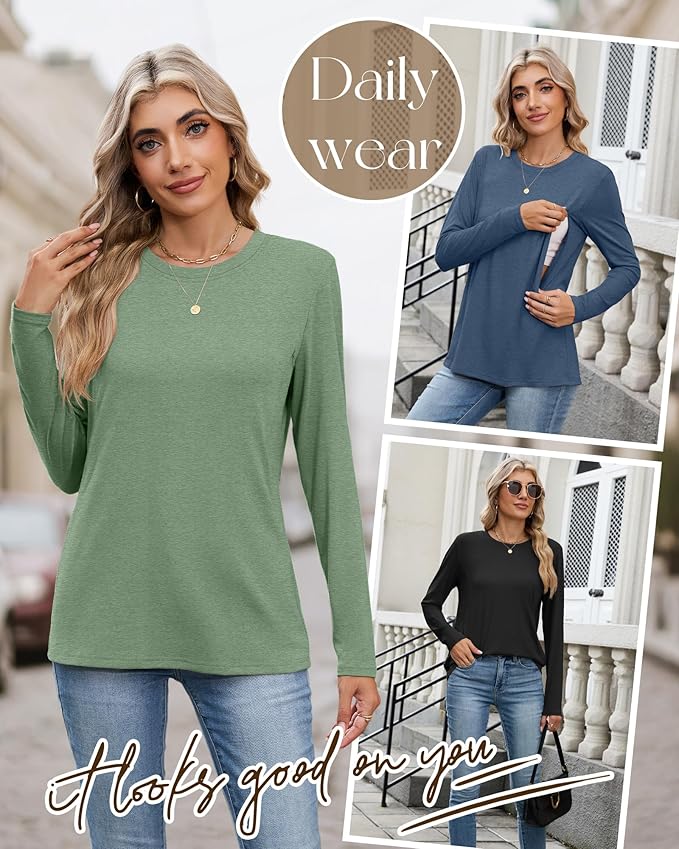 4 Pack Women's Nursing Breastfeeding Tops, Long Sleeve Maternity Shirts Loose Fit Hidden Zipper Pregnancy Clothes