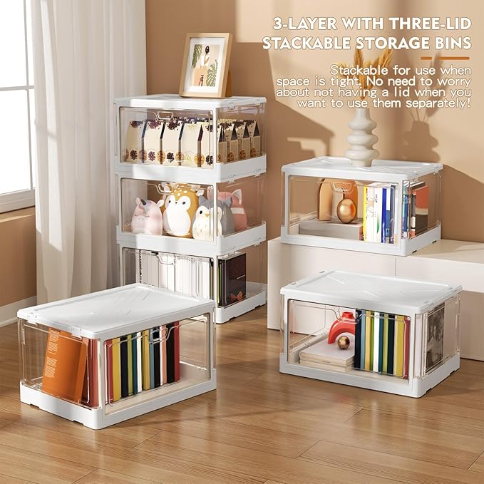 Clear Storage Bin with Lid 3 Pack 【Stackable & Sturdy】 Plastic Multifunctional Folding Storage Bins for Bedroom, Living Room, Study,Room, 23 QT Folding Box with Magnetic door