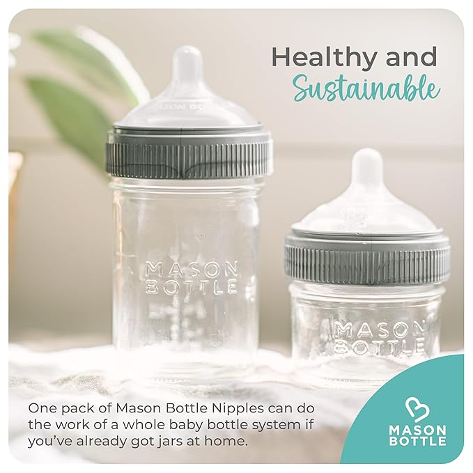 Mason Bottle Fast Flow Nipples (6+ Months) – Silicone Baby Bottle Nipples, Fits Any Regular-Mouth Mason Jars – Wide Natural Shape, BPA-Free, Non-Toxic, Made in USA (2-Pack)