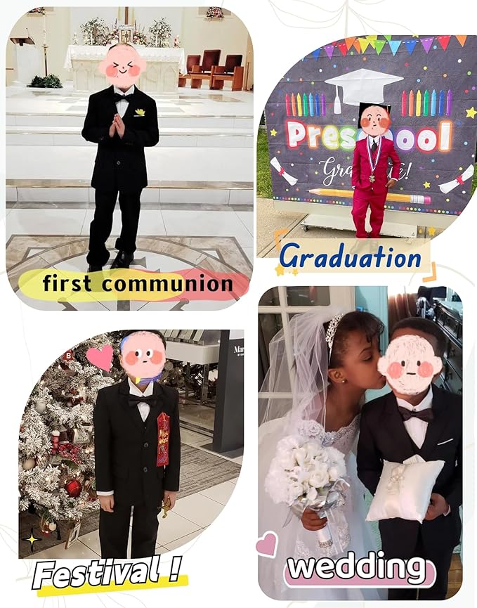 YuanLu Boys Suit for Kids Tuxedo Wedding Ring Bearer Outfit, 5 Piece Boy Slim Fit Formal Suits with Adjustable Waist