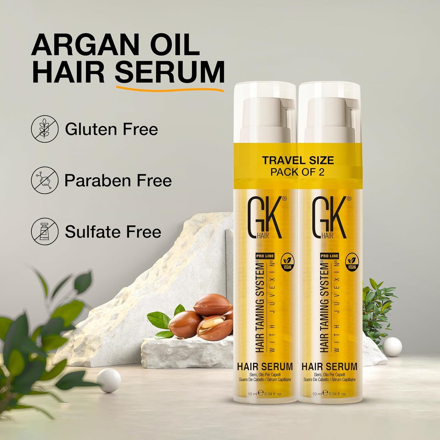 Global Keratin GKHAIR Smoothing Serum (Pack of 2/0.34 fl oz) - 100% Pure Organic Argan Oil | Hydrating Strength Shine Dry Damaged Repair Anti-Frizz Moistures Nourishment