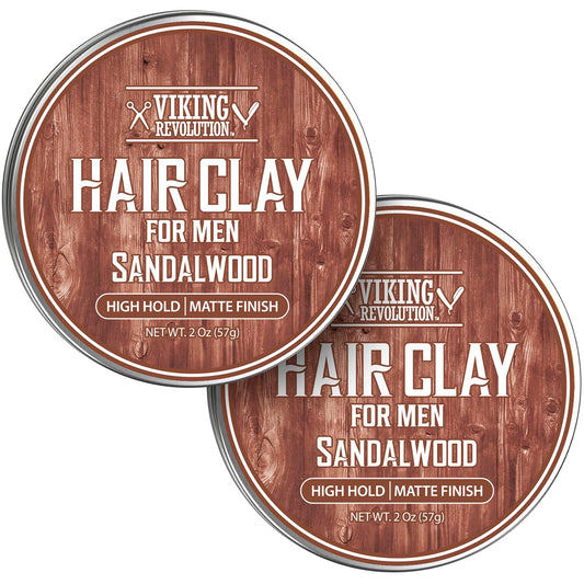 Viking Revolution Sandalwood Hair Clay – Strong Hold & Matte Finish, Texturizing Hair Clay for Men – Beeswax, Jojoba Wax & Vitamin E – Effortless Styling with Sandalwood Scent (2 pack, 2oz each)