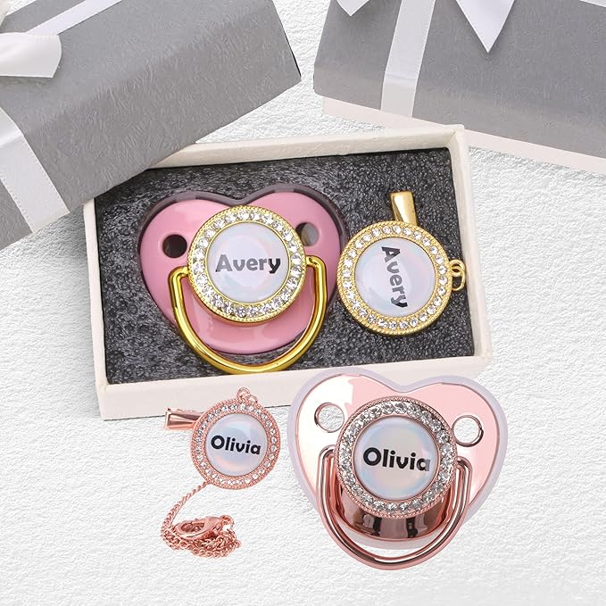 Personalized Pacifier with Name, Customized Pacifier Clip Set with Gift Box, Bling Crystal Soother, Ideal Gift for Boys Baby Shower Birthday Christmas Newborn Photography(Bling Blue)