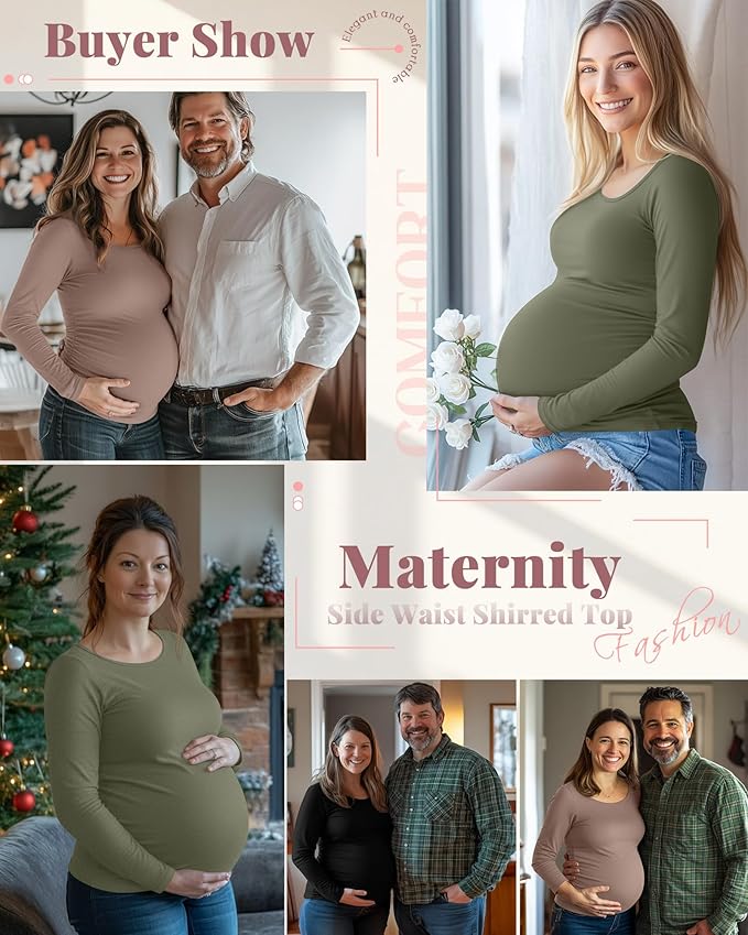 Ficerd 3 Pack Women's Maternity Shirts, Long Sleeve Side Ruched Pregnancy Tee Tops Crew Neck Casual Mama Clothes Basic Tunic
