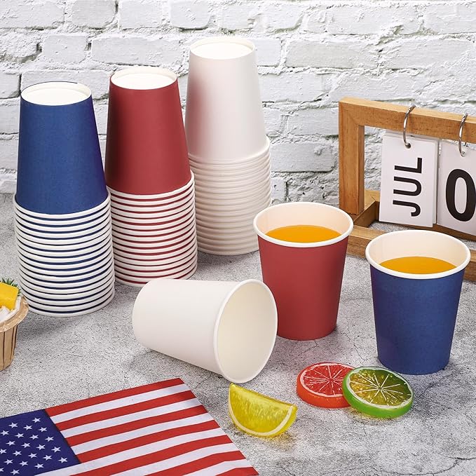 URATOT 60 Pieces 4th of July 9 Ounce Disposable Paper Cups Patriotic Blue White Red Party Paper Cups Independence Day Drinking Cup for Memorial Day Party, DIY, and Holiday